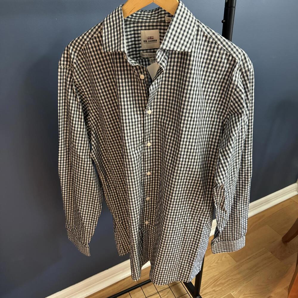 Ben Sherman Mens Button Up Dress Shirt, Black/White Checkered Pattern, Large